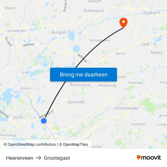 Heerenveen to Grootegast map