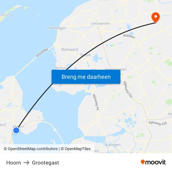 Hoorn to Grootegast map