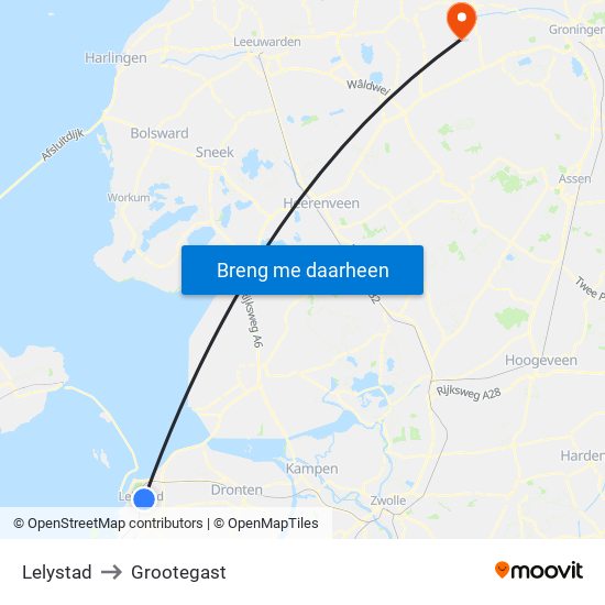 Lelystad to Grootegast map