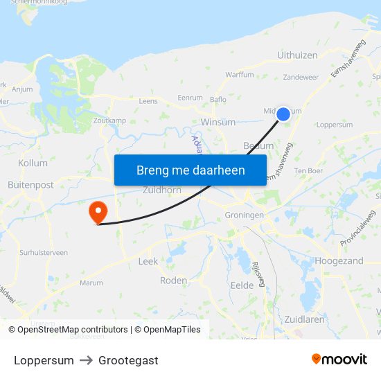 Loppersum to Grootegast map