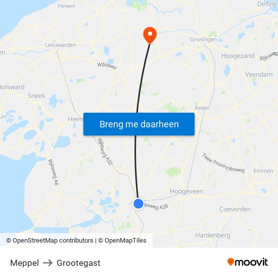 Meppel to Grootegast map