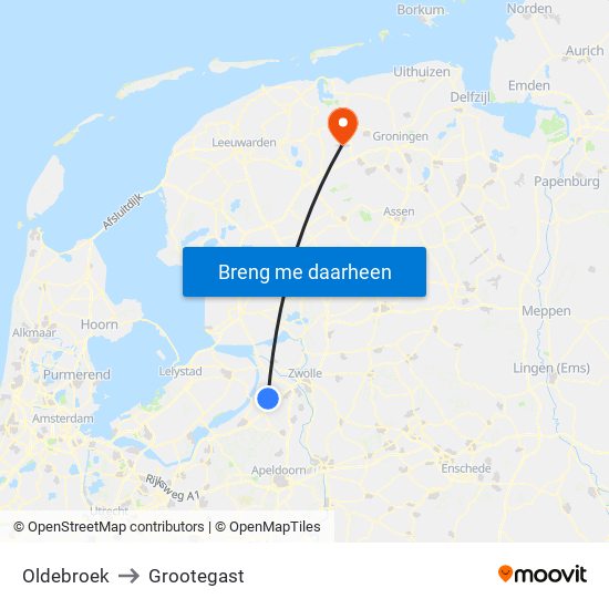 Oldebroek to Grootegast map