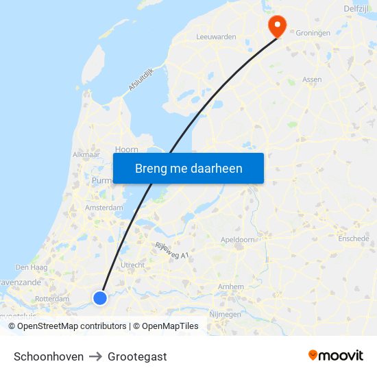 Schoonhoven to Grootegast map