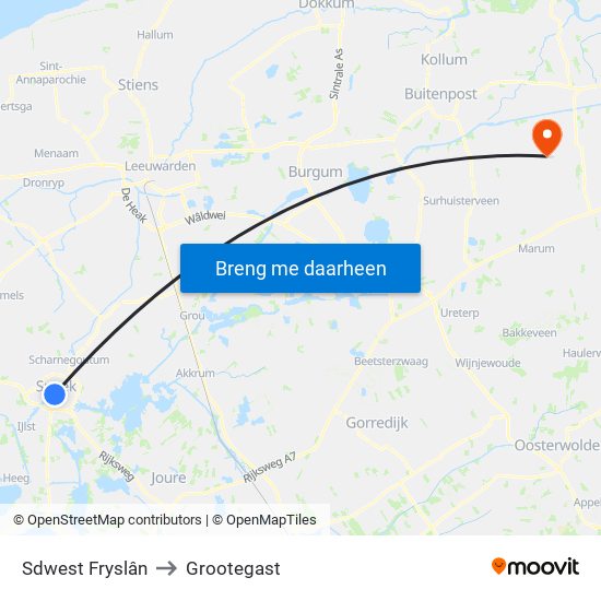 Sdwest Fryslân to Grootegast map