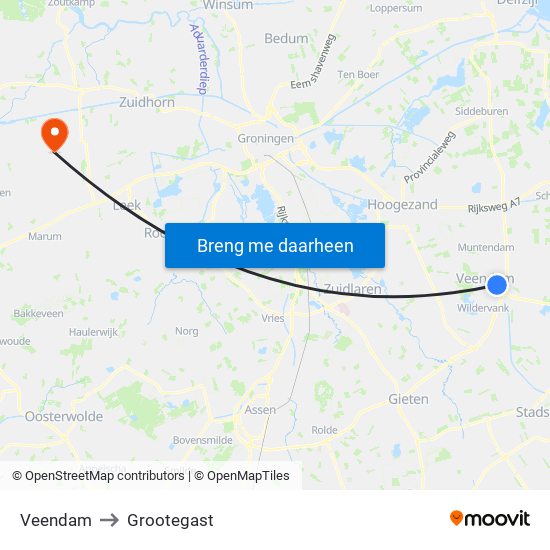 Veendam to Grootegast map