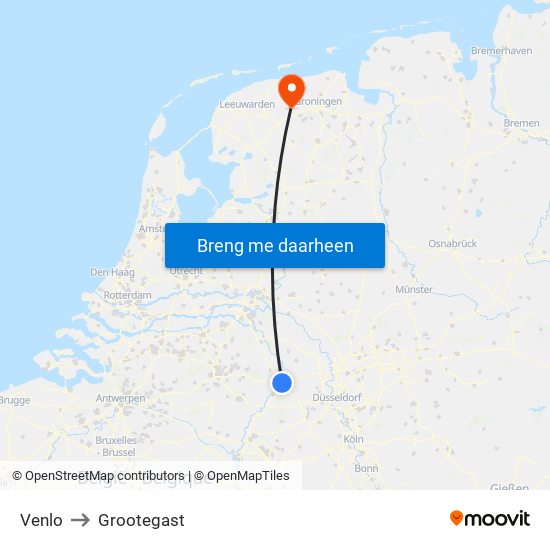 Venlo to Grootegast map