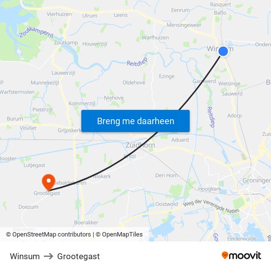 Winsum to Grootegast map