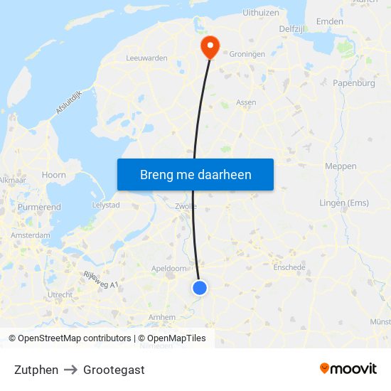 Zutphen to Grootegast map