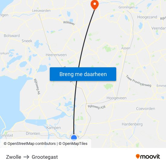 Zwolle to Grootegast map