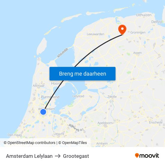 Amsterdam Lelylaan to Grootegast map