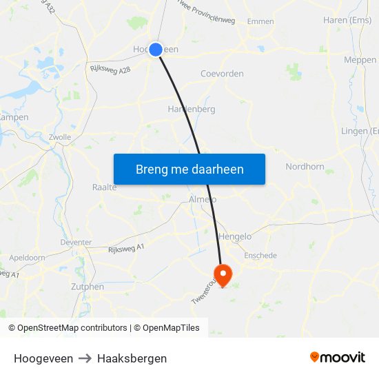 Hoogeveen to Haaksbergen map