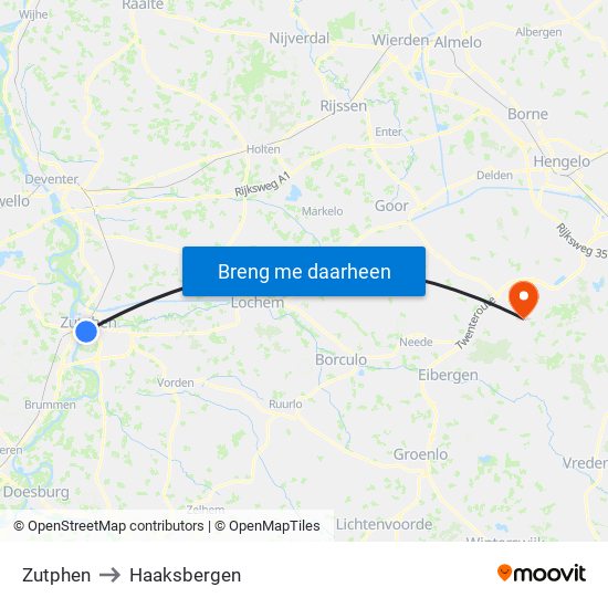 Zutphen to Haaksbergen map