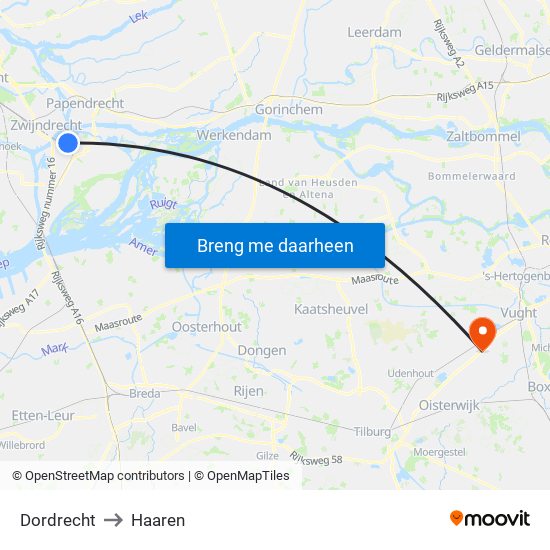 Dordrecht to Haaren map