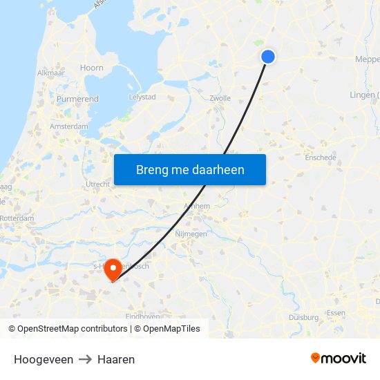 Hoogeveen to Haaren map