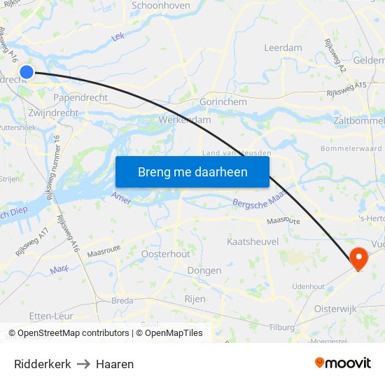 Ridderkerk to Haaren map