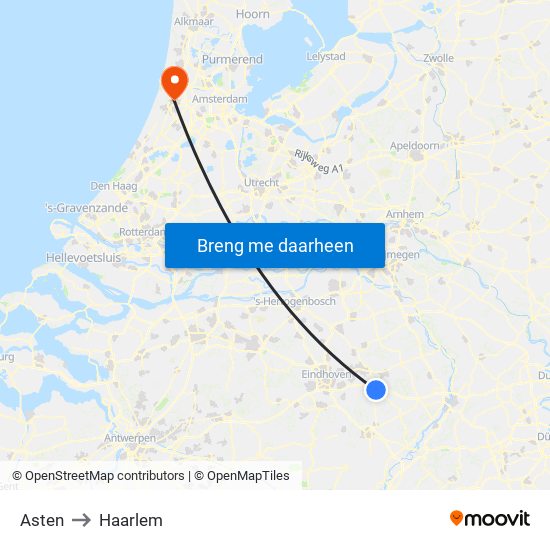 Asten to Haarlem map