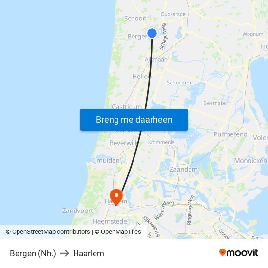 Bergen (Nh.) to Haarlem map
