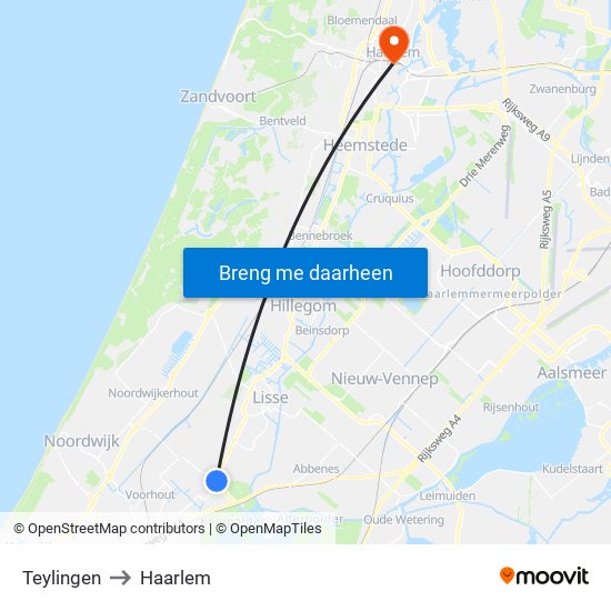 Teylingen to Haarlem map