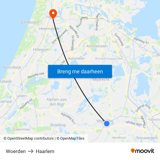 Woerden to Haarlem map