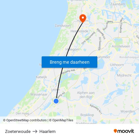 Zoeterwoude to Haarlem map