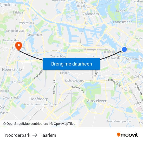Noorderpark to Haarlem map