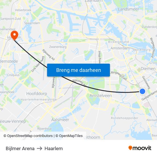 Bijlmer Arena to Haarlem map