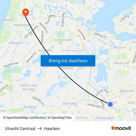 Utrecht Centraal to Haarlem map