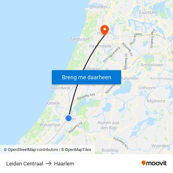 Leiden Centraal to Haarlem map