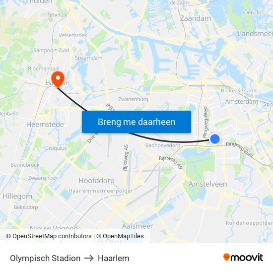 Olympisch Stadion to Haarlem map