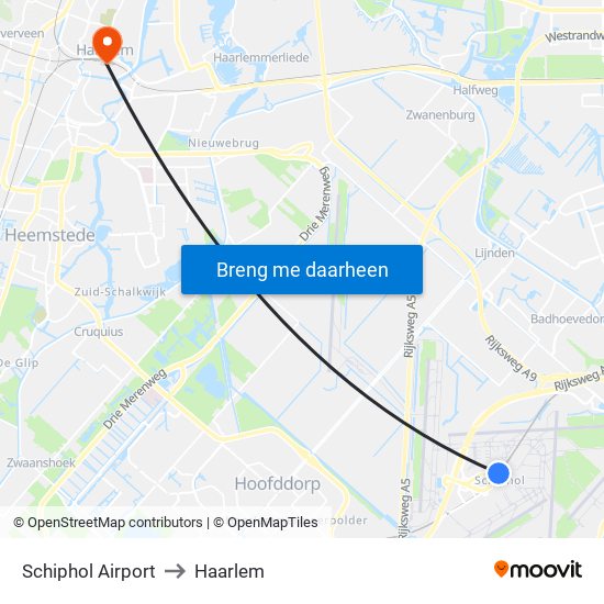 Schiphol Airport to Haarlem map
