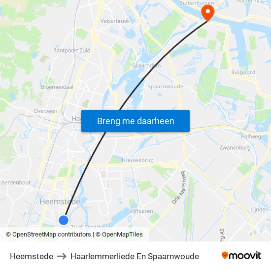 Heemstede to Haarlemmerliede En Spaarnwoude map