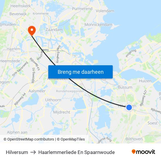 Hilversum to Haarlemmerliede En Spaarnwoude map