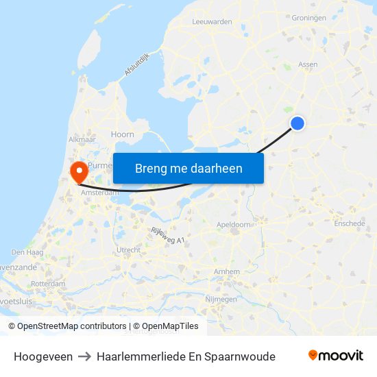 Hoogeveen to Haarlemmerliede En Spaarnwoude map