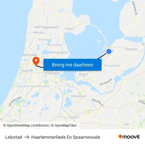 Lelystad to Haarlemmerliede En Spaarnwoude map