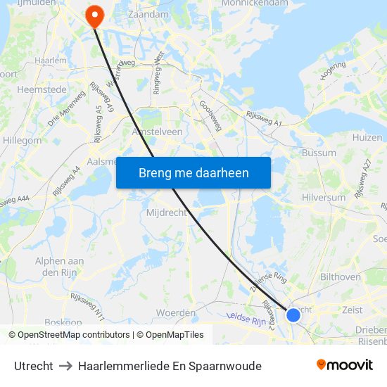 Utrecht to Haarlemmerliede En Spaarnwoude map