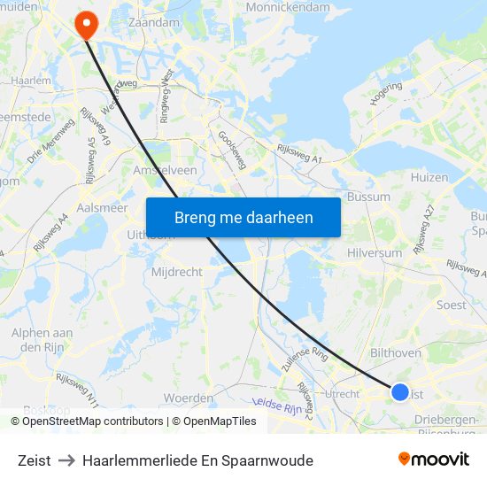 Zeist to Haarlemmerliede En Spaarnwoude map
