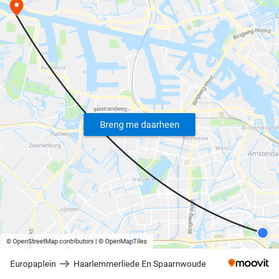 Europaplein to Haarlemmerliede En Spaarnwoude map