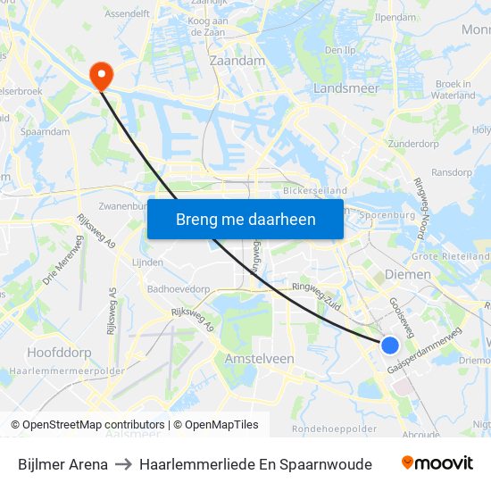 Bijlmer Arena to Haarlemmerliede En Spaarnwoude map