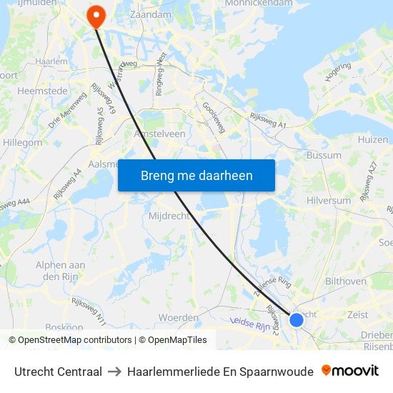 Utrecht Centraal to Haarlemmerliede En Spaarnwoude map