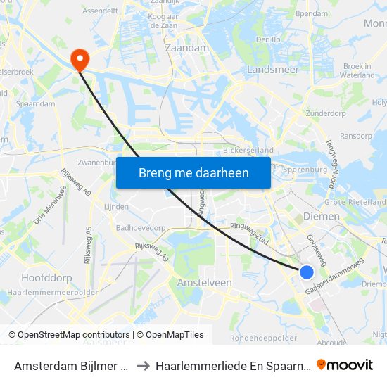 Amsterdam Bijlmer Arena to Haarlemmerliede En Spaarnwoude map