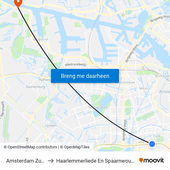 Amsterdam Zuid to Haarlemmerliede En Spaarnwoude map