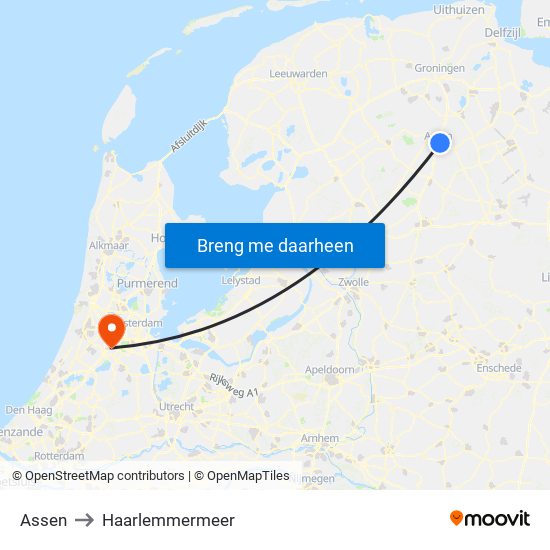 Assen to Haarlemmermeer map