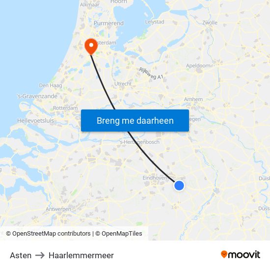 Asten to Haarlemmermeer map