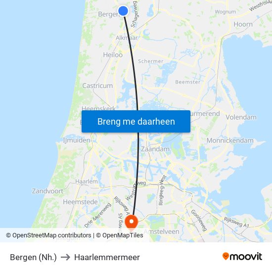 Bergen (Nh.) to Haarlemmermeer map