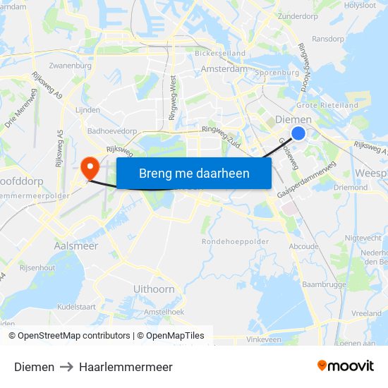 Diemen to Haarlemmermeer map