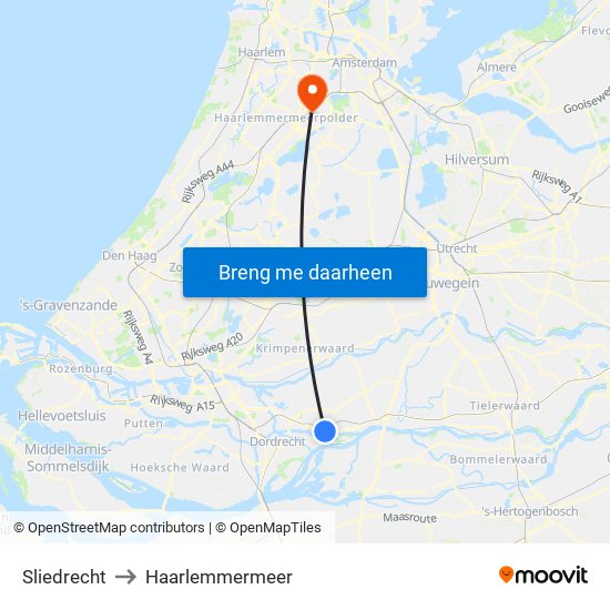 Sliedrecht to Haarlemmermeer map