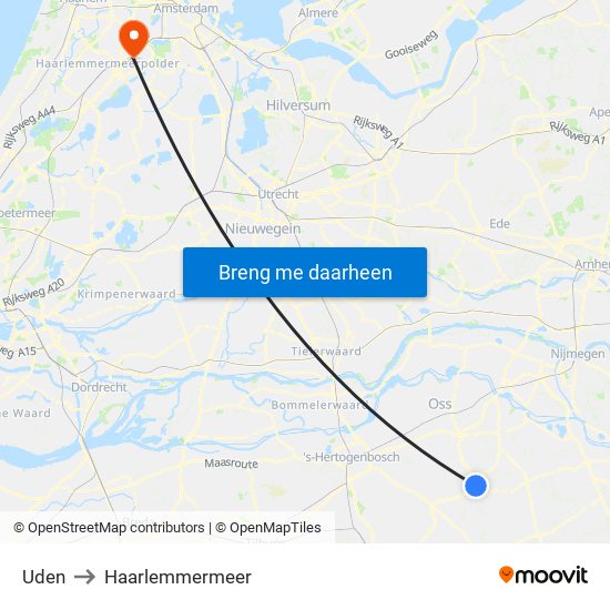 Uden to Haarlemmermeer map