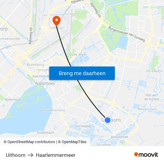 Uithoorn to Haarlemmermeer map