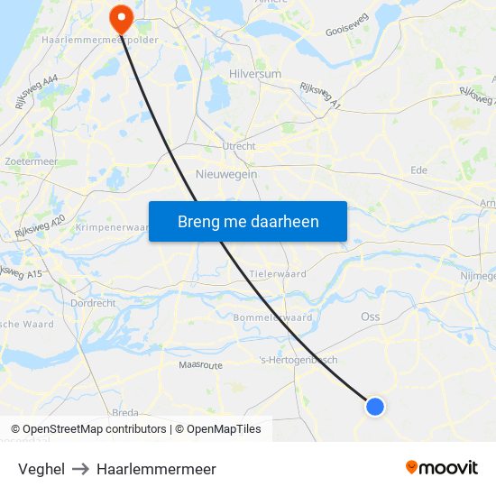 Veghel to Haarlemmermeer map