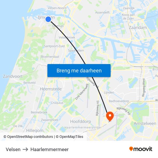 Velsen to Haarlemmermeer map